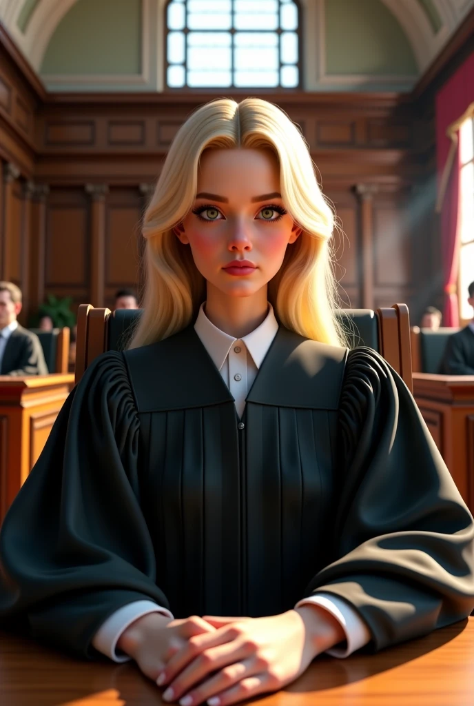 A young European blonde woman, approximately 22 years old, seated in a prominent judge's chair at the front of a large, grand courtroom. The courtroom is spacious, with high ceilings, intricate wood paneling, and large windows allowing natural light to flood the space. She wears a judge's robe, suggesting authority and professionalism, but her youthful features contrast with her formal attire. The scene includes desks and chairs for other legal personnel in the background, emphasizing the grandeur of the courtroom. The artwork is in a detailed and cinematic digital art style, inspired by Emma Andijewska, Simon Stålenhag, and Erwin Olaf, with a dramatic focus on light and shadows.
