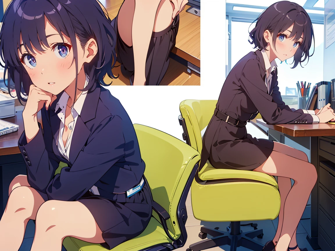 Highest quality, flying debris、Beautiful woman、officeレディー、Black Hair、(Brown eyes、Big Breasts、Blunt bangs)、short hair、Dark blue checked office suit)、new employee,Full Body Shot、Female office lady、break(Dark blue checked vest、White dress shirt、Navy blue mini tight pencil skirt:1.2)、(Black Pantyhose、garter belt、High heels)、break(office:1.3)、Cleavage、Shirt buttons fly off、Absolute area、blush、Embarrassing、Standing posture、Open your mouth、Exposing the breasts、exposing her chest、No pants、Very good、Nipples are visible、Exposing the nipples、 (Perfect hands, Perfect Anatomy), I'm smiling at you、Nagisa Minase、Accurate Fingers、