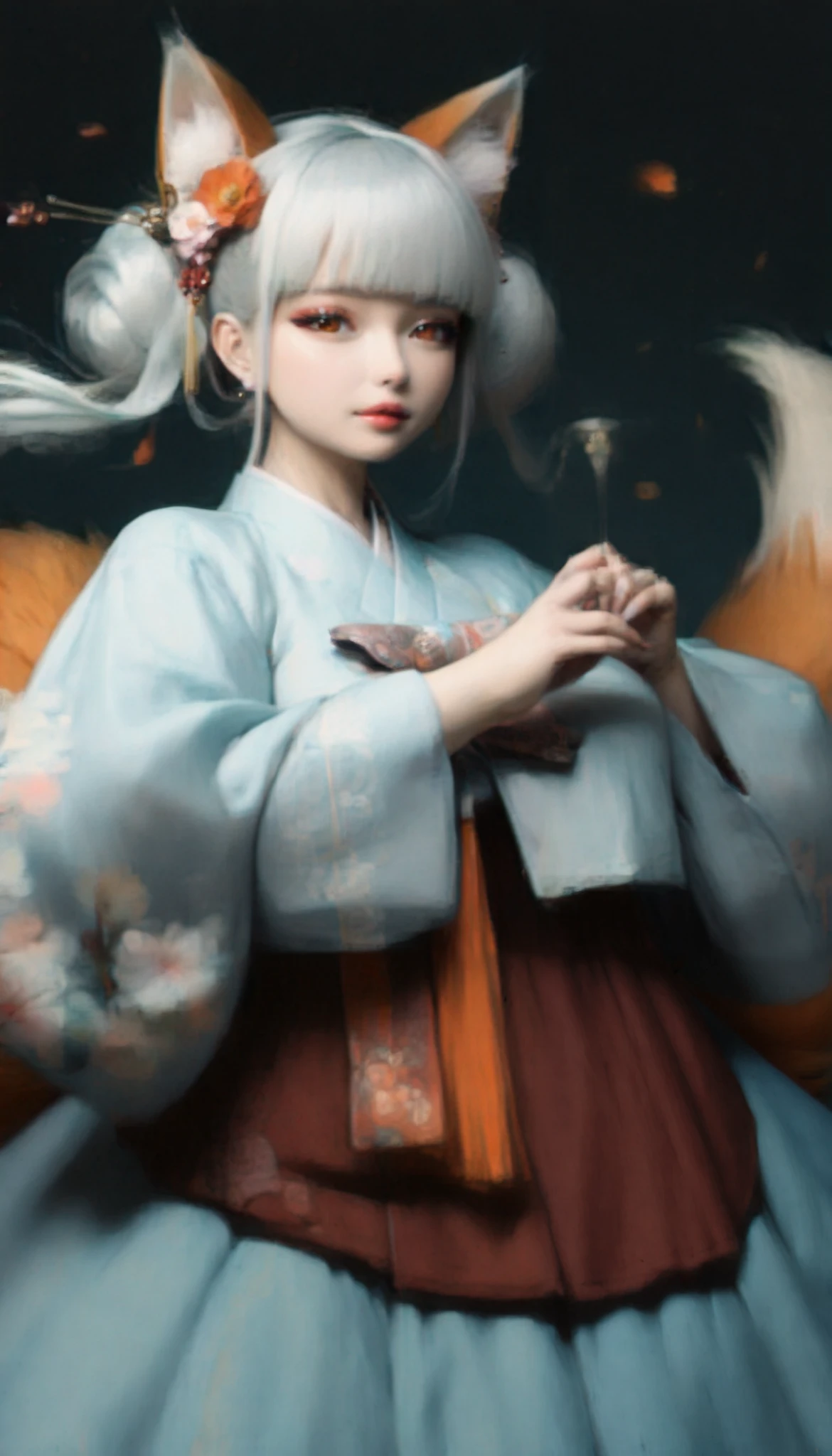 (masterpiece,  best quality :1.2), 1 woman,  alone, Gumiho, 여자 Gumiho,  Korean girl, Fox ears, fox tail, Hanbok,  white hair, Joseon dynasty houses, ( huge boobs :1.8), 