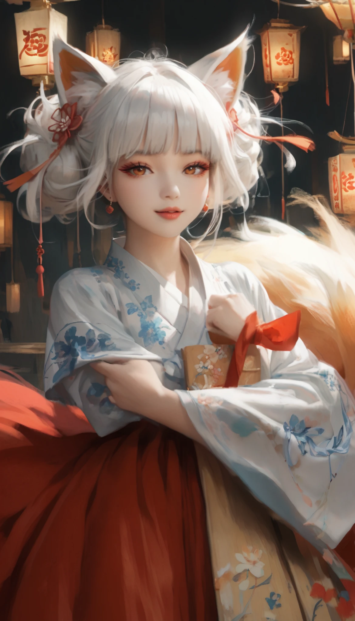 (masterpiece,  best quality :1.2), 1 woman,  alone, Gumiho, 여자 Gumiho,  Korean girl, Fox ears, fox tail, Hanbok,  white hair, Joseon dynasty houses, ( huge boobs :1.4), 