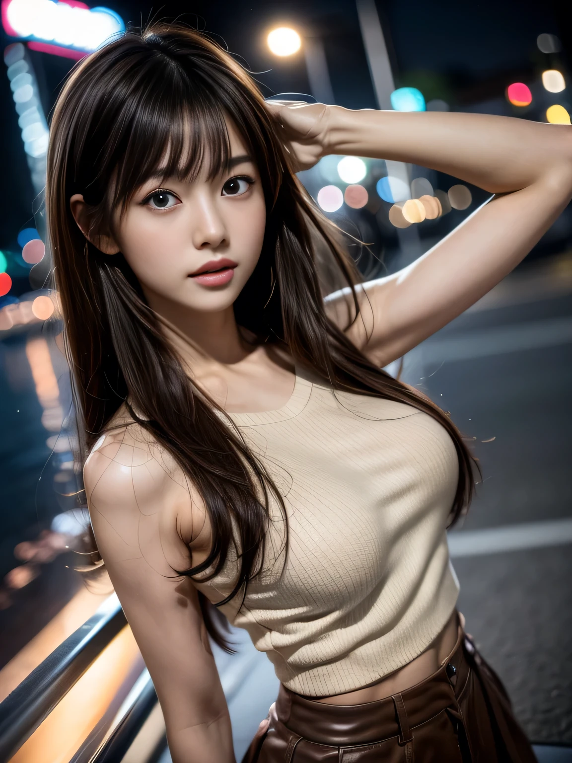 ((masterpiece)), ((best quality)), (ultra-detailed), realistic, real, 1girl, solo, a Japanese young pretty girl , hyper cute face , glamorous figure , large breast , long bob hair , city, town, daytime, autumn, (checked mini skirt gray),(Off-the-shoulder knit white), ((beautiful eyes)), dynamic angle, full body,front view ,a big smile,glossy lips, double eyelids for both eyes, natural makeup, shiny smooth light brown hair of long bob hair, asymmetrical bangs, high resolution, high detail, detailed hairstyle, detailed face, cinematic lighting, octane rendering, hyper realistic, perfect limbs, perfect anatomy