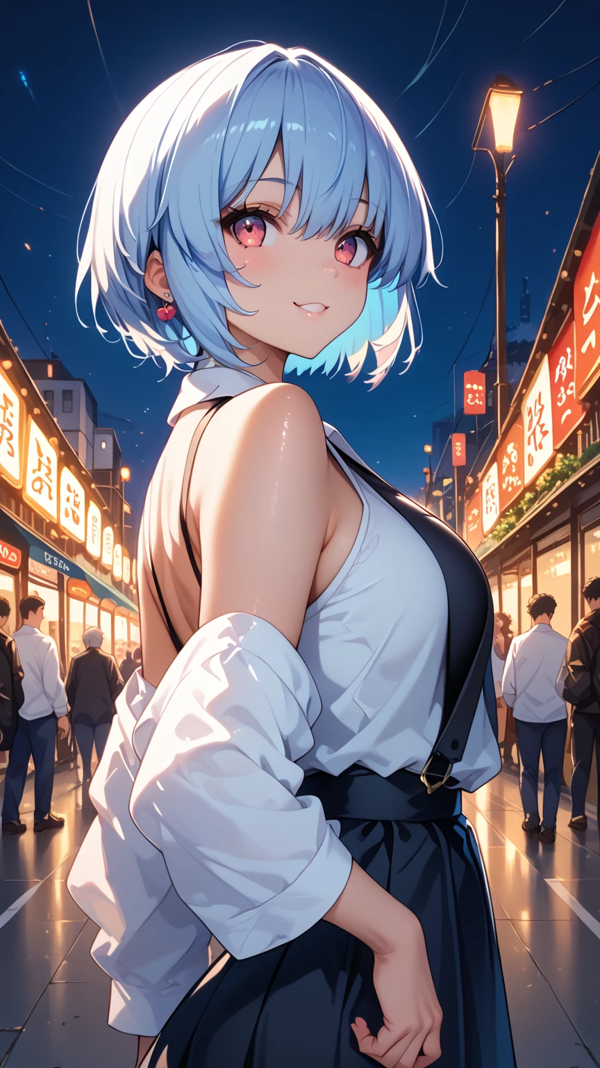 Under the street lights of the city at night、巨乳のセクシーなアニメの女の子, Sexy anime girl with big boobs wearing a tall suit ,  Perform sensual backbends ,  Show off flexibility and curves ., Emphasize the graceful lines of the body . model pose、smile、Rei Ayanami、sexy anime girl with short blue hair 、 white shirt