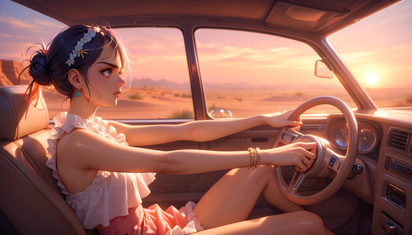 "An anime-style illustration of a woman inside a standard car, viewed from a side angle. She is wearing an all-black outfit, giving off a stylish and confident look, with both hands on the steering wheel. The background shows a desert highway during sunset, with warm orange and red skies stretching over the horizon. The focus is on her determined expression, with the interior illuminated by the golden light."
