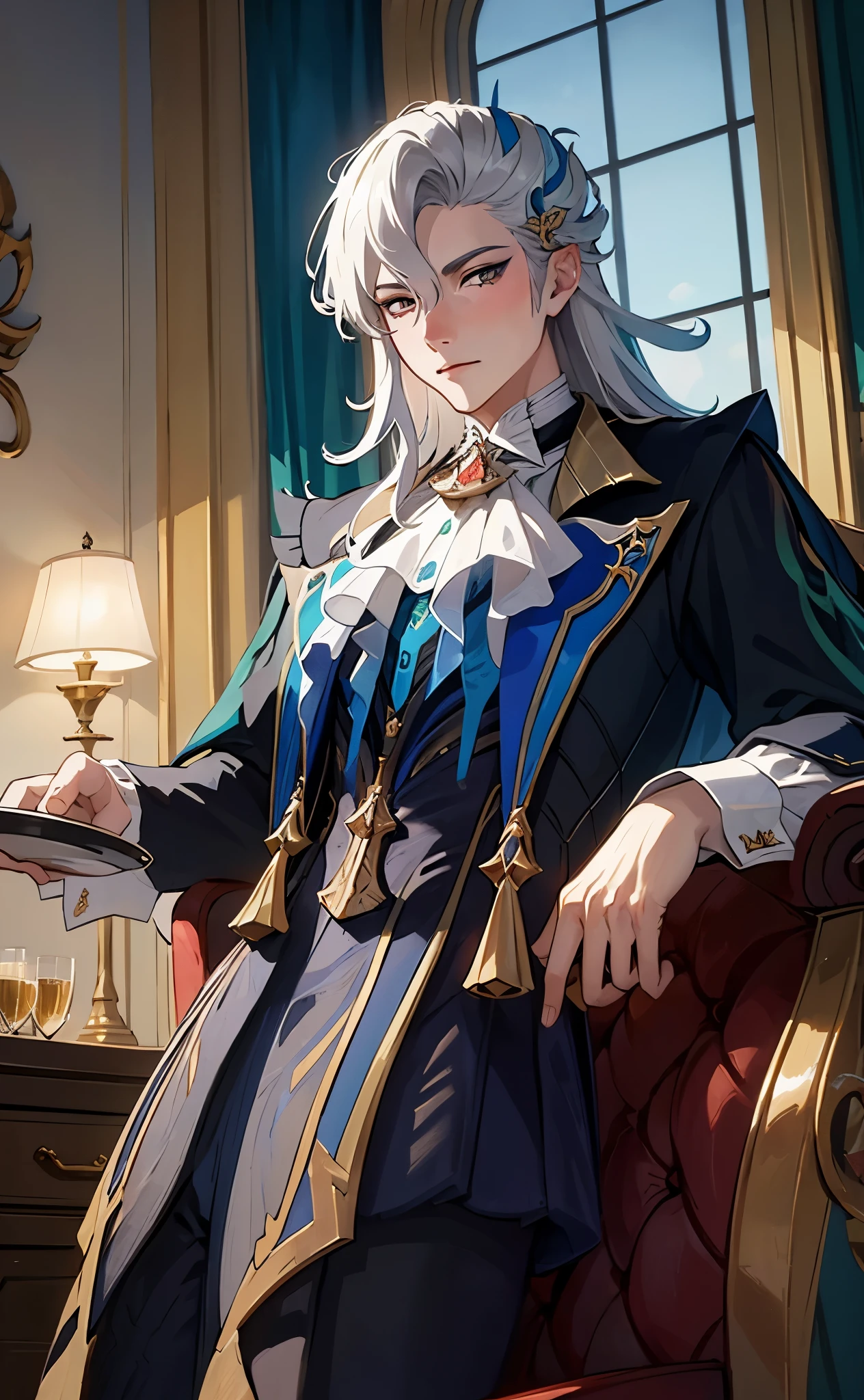 Masterpiece illustration of Neuvillette, drinking a cup of champagne, wearing a luxurious outfit, classy 