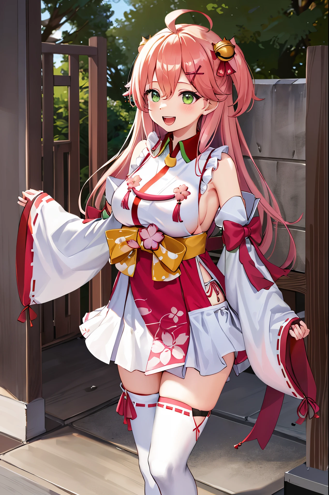 masterpiece, best quality, highres, miko1, sakura_miko, 1girl, big_boobs, solo, ahoge, x_hair_ornament, pink_hair, floral print, hairclip,(side_less_clothes:1.5), (side_boobs:1.5), hair_bell, floral print, long_hair, hair between eyes, one side up, white thighhighs, asymmetrical legwear, wide sleeves, open_mouth,(happy:1.3),close_eyes,big_smile,(raise_leg:1.3),plump,apart_legs,(overly_long_sleeves:1.3),),sleeves_past_wrists,hands_hidden_sleeves,sidelock_clothes,dynamic_posing,solo,hidden_wrists,(XD:1.4),covered_nipples,nsfw,