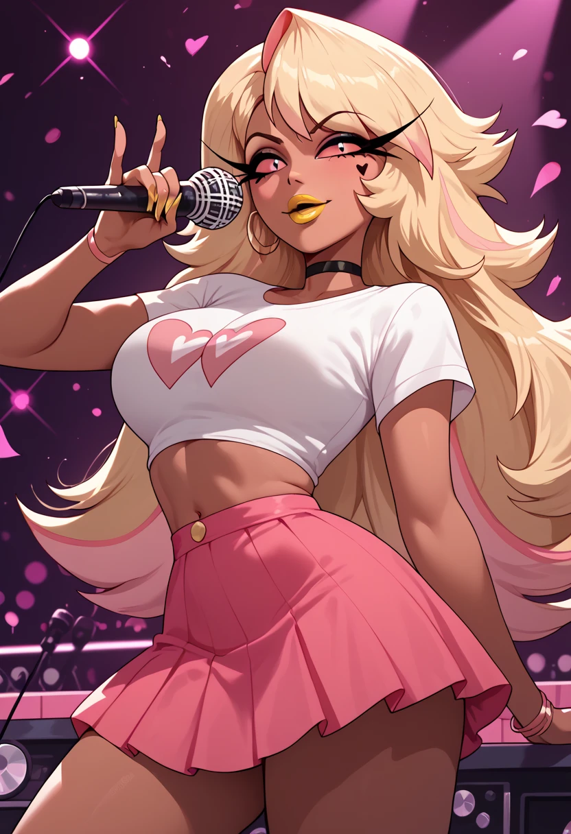 woman, big breasts, yellow lipstick, anime style, blonde hair, tanned skin, pink blouse, pink eyes, show, singer, belly button showing, pink skirt, Verosika, human, Helluva Boss