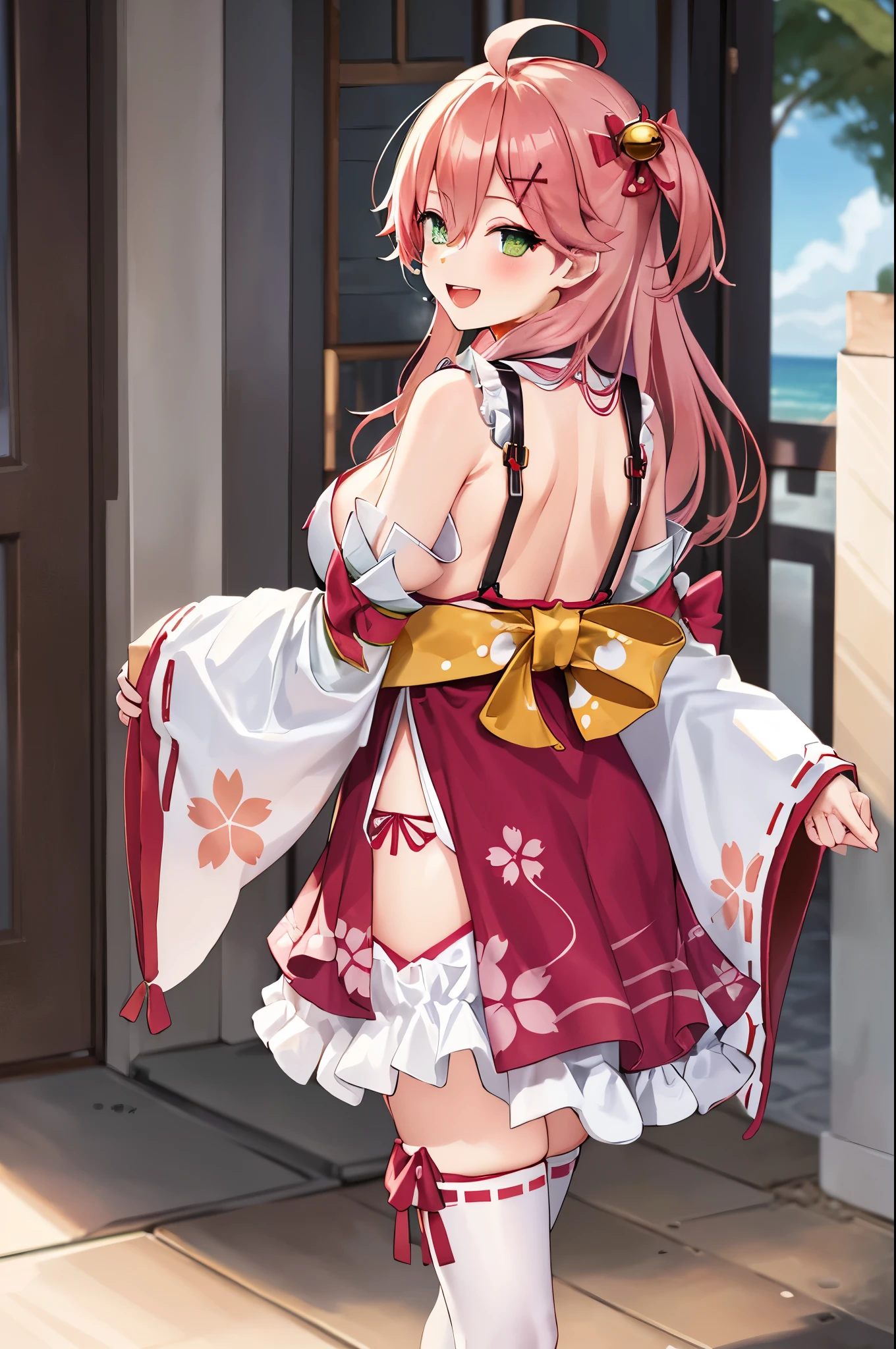 masterpiece, best quality, highres, miko1, sakura_miko, 1girl, big_boobs, solo, ahoge, x_hair_ornament, light_red_hair, floral print, hairclip,(side_less_clothes:1.5), (side_boobs:1.5), hair_bell, floral print, long_hair, hair between eyes, one side up, white thighhighs, asymmetrical legwear, wide sleeves, open_mouth,(happy:1.3),green_eyes,big_smile,(XD:1.5),plump,half_eyes,(overly_long_sleeves:1.3),),sleeves_past_wrists,hands_hidden_sleeves,sidelock_clothes,solo,hidden_wrists,(XD:1.4),covered_nipples,sunlight,cherryblossom_temple_landscape_background,rise_arms, trying_to_hug,teeth,