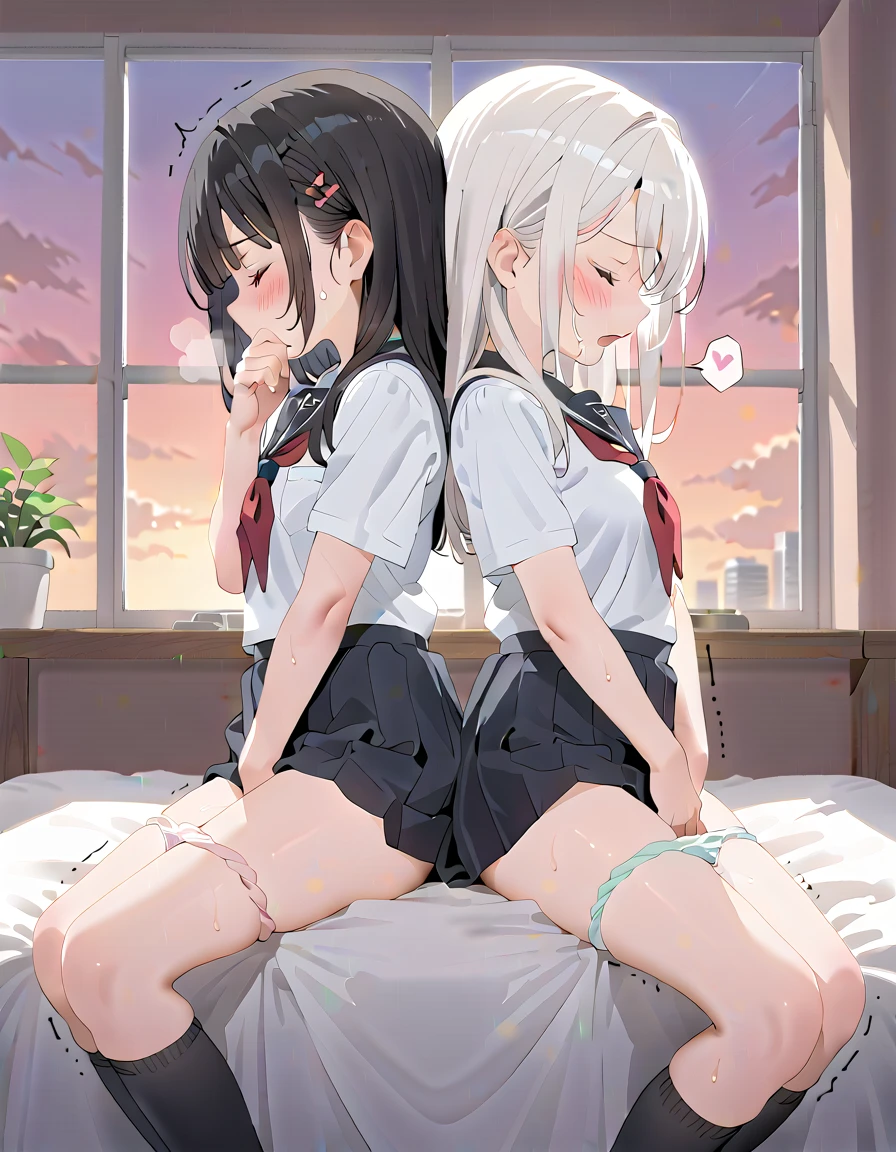 (masterpiece,beautiful,hughres,CG,8k,16k,best quality,high-resolution,detailed fingers,detailed hands,detailed legs,detailed eyes:1.5),anime,source anime,illustration,face focus,(from side:1.6),(2girls:1.5),(evening,indoor,one&#39;s home,bedroom:1.5),(sunset:1.3),shadow,(on the bed:1.4),(head down:1.2),(girl on the left(white hair):1.4),(girl on the right(black hair):1.5),( thighs:1.4),(school uniform,white shirt,pleated skirt,black skirt,black thighhighs:1.3),(panties pull,panty pull:1.3),small breasts,sitting,(My legs,knees to chest,folded,knees together feet apart:1.4),leg up,(profile:1.2),(back-to-back:1.5),hand over own mouth, covering own mouth,(female masturbation:1.4),( fingering:1.2),(female orgasm, female  :1.4),(pussy juice:1.2),(trembling:1.4),(gasping,heavy breathing,blush:1.5),(impatience1.1),flustered,(fidgeting around:1.4),(steam:1.2),(sweat skin,sweat:1.4),(streaming tears:1.3),(drooling:1.1),(looking away:0.5),(looking down:1.4),(spoken heart:1.3),(closed eyes:1.6),open mouth