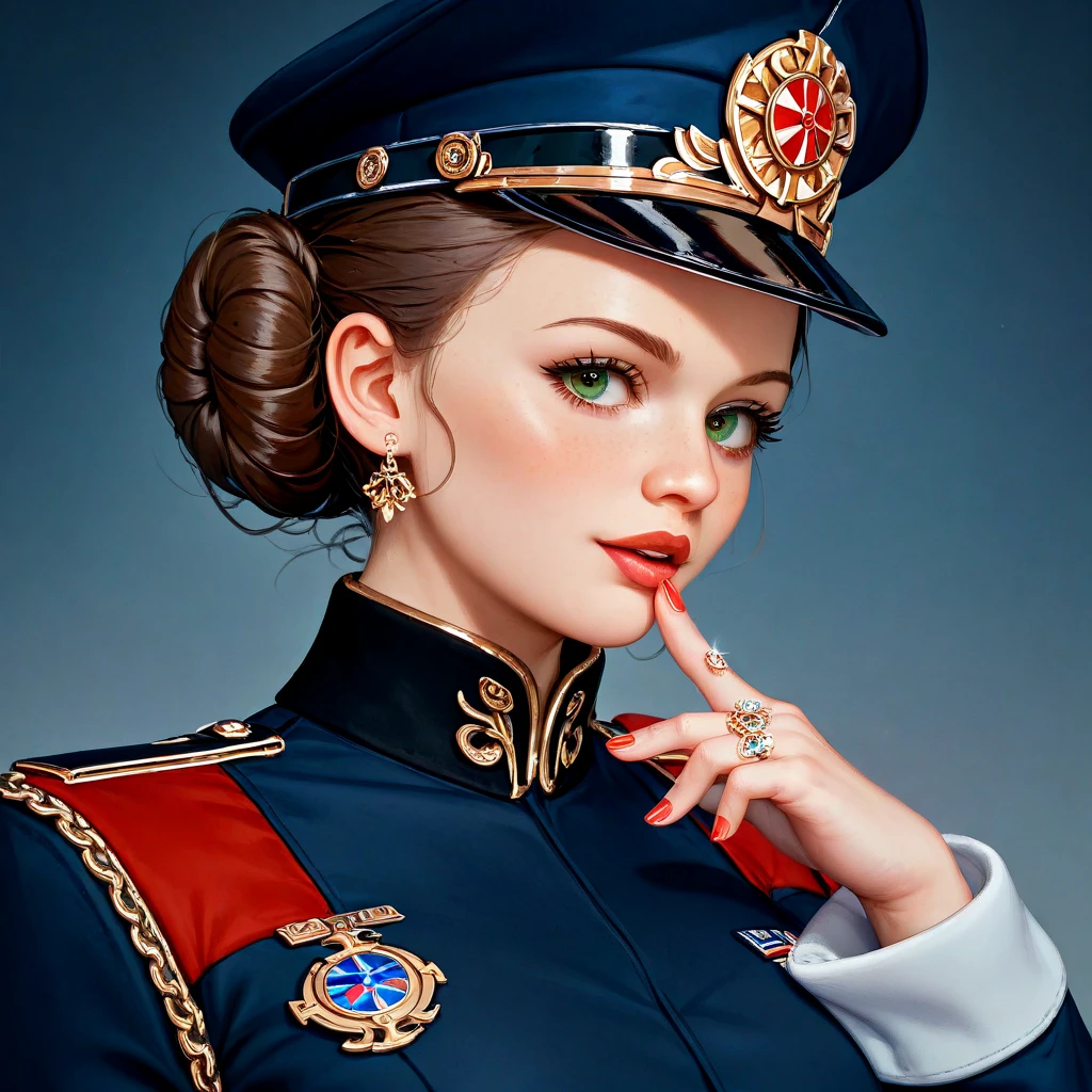 (( top quality)), ((masterpiece)), ( Details), （ Perfect Face）、The young and beautiful Princess Leia is a member of the Galactic Empire who wears an engagement ring and pledges allegiance to Emperor Palpatine, who wears the military uniform and military hat of the Galactic Empire