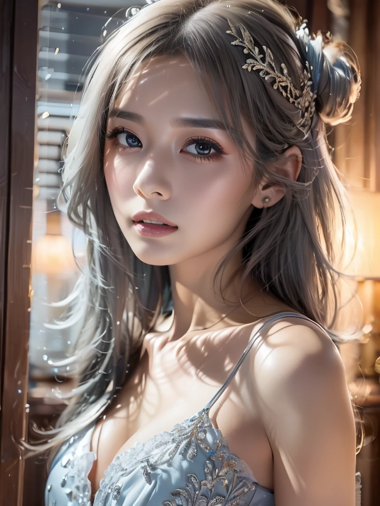 High-quality work,Realistic works,Super premium graphics,8K HD CG works,high quality graphics,High-definition and exquisite CG works,10x pixels,Ultra-fine details:1.1,Advanced technical details:1.1Realistic photo effects,Interior lighting effects:1.5,natural soft light:1.5. Light effect(Virtual light effects:1.8),ultra high resolution,shining dress,sliver long hair,silber hair,transparenthair,high detailed hair(Quality hair details:1.1)Clear eyes,Double eyelids look good,Sharp eye makeup, Create exquisite eyelash makeup, tthin eyebrows, Ultra-detailed eyes,a tall nose, lovely red lips, rosey cheeks, With delicate makeup on her face , pretty face, The face shape is perfectly proportioned,(Advanced facial details:1.1)1 girl, Chinese_clothes, liquid silver and orange, cyberhan, cheongsam, cyberpunk city, dynamic pose, detailed luminous headphones, glowing hair accessories, long hair, glowing earrings, glowing necklace, cyberpunk, high-tech city, full of mechanical and futuristic elements, futuristic, technology, glowing neon, orange, orange light, transparent tulle, transparent streamers, laser, digital background urban sky, big moon, with vehicles, best quality, masterpiece, 8K, character edge light, Super high detail, high quality, the most beautiful woman in human beings, micro smile, face facing front and left and right symmetry, ear decoration, beautiful pupils, light effects, visual data, silver white hair, super detail facial texture,Women's artwork,Dress full body video,Realism,Amazing Cleavage,My eyes are very bright today
