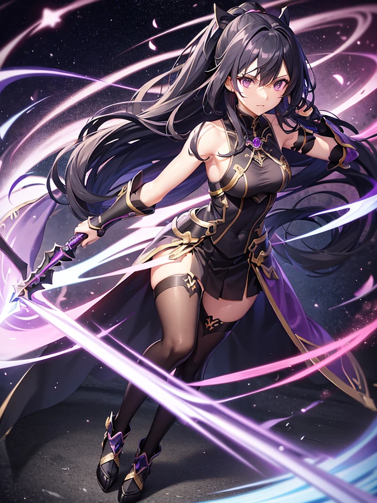 manhattancafe, ahoge, horse tail, bang between eyes, black jacket, shirt, necktie, black gloves, skirt, pantyhose, single earring, yellow eyes, 1girl,standing, corruption,wide hip, purple theme, sexy, corruption bodysuit, see-through leotard, glowing red lines, many red lines , looking down, evil theme, dark magical girl, corruption, military hat, epaulletes, puffy sleeves, living clothes, long boots, reflecting, expresstionless, bodytights, wet shiny skin, extremely detailed, look at viewer, head_rest, head tilt,curvy, purple gloves, sticky, red gemstones, latex bondange, latex skirt, perspective, shiny reflecting metal latex stocking, score_9, score_8_up, score_7_up,