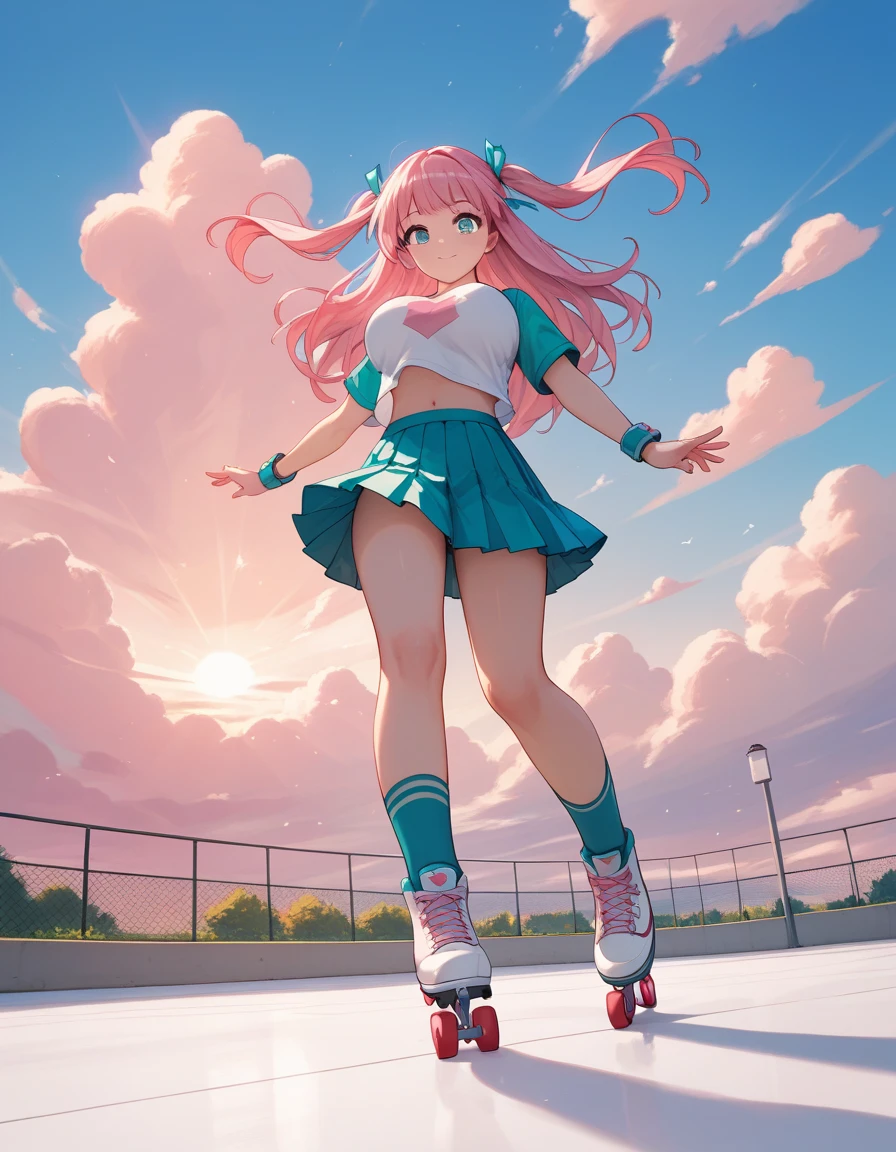 (best quality:1.2), (ultra-detailed:1.2), (2.5D:1.2), (Anime Moe Art Style), (no broken hands), (no broken hands) low angle, cute woman , pink-mint hair, two side up, Cyan eyes, gradient eyes, large breasts, full body, quad skates, skate along the coastline, sunset, pink clouds, she has white short pleated skirt, short top-crop, rolls, spins, joyfully, smiles playfully