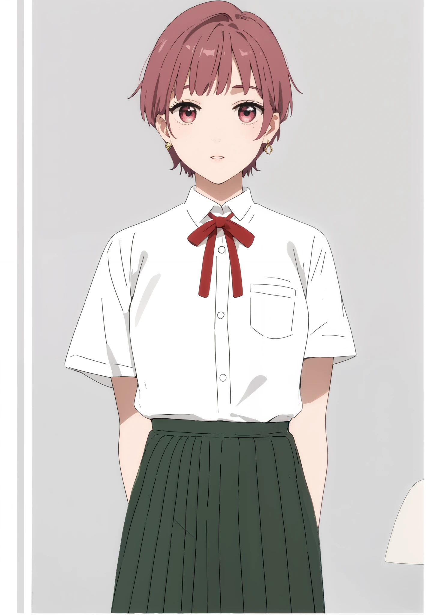 zPDXL3, score_9_up, score_8_up, score_7_up, (Anime_source),Masterpiece,(perfect female body:1.2), small waist,(incredibly detailed:1.4), slim, beautiful fingers, beautiful white skin, Beautiful clear skin, (large breasts:1.4) character designer, wears school clothes, green skirt, white blouse, has pink eyes, brownish pink hair