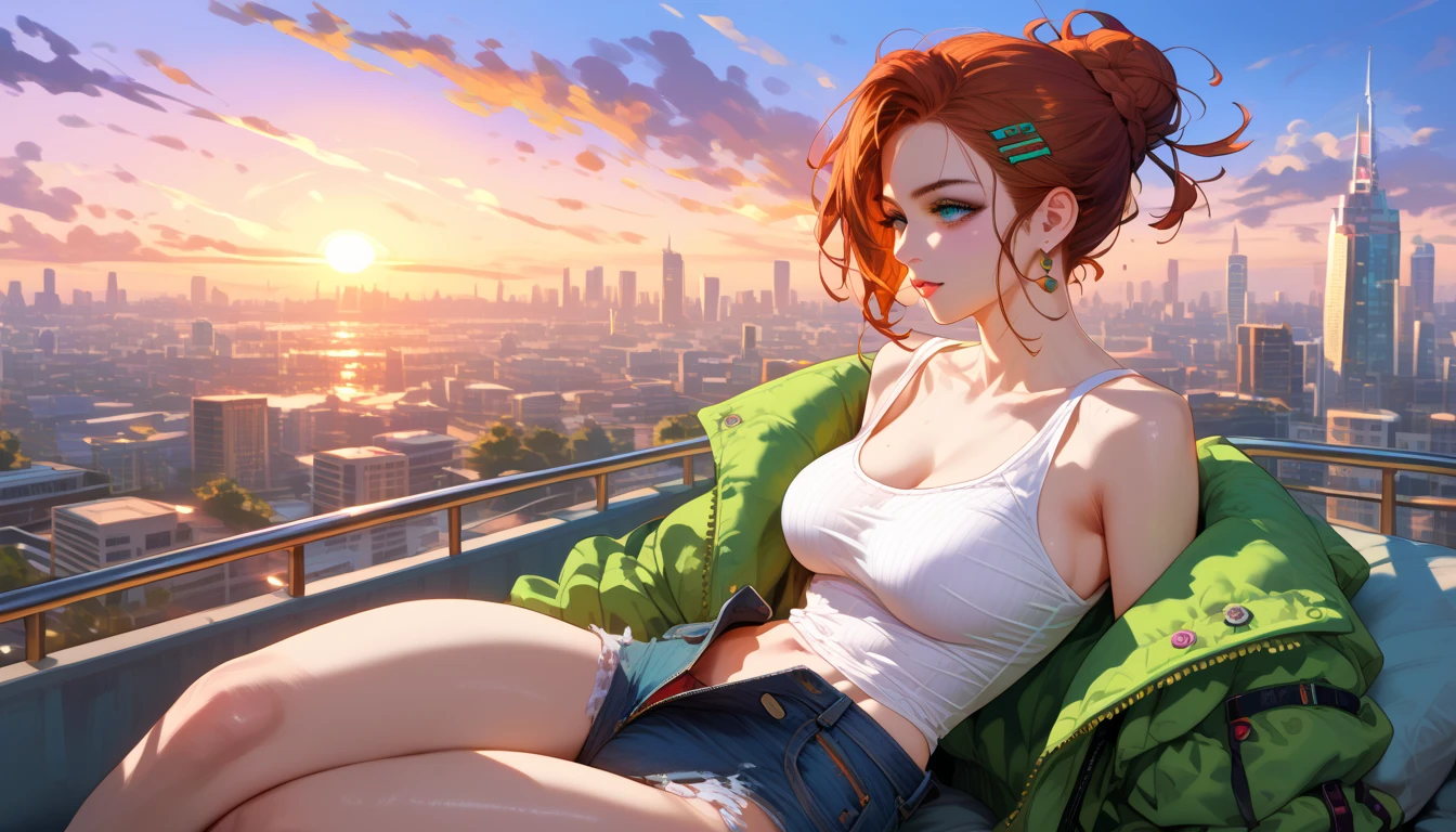 "A woman with auburn hair tied in a messy bun with dark purple streaks works on her laptop at a rooftop lounge during sunset. She wears a white tank top and an olive-green jacket, unzipped casually. The city skyline and vibrant orange-pink sky create a breathtaking, modern aesthetic."
