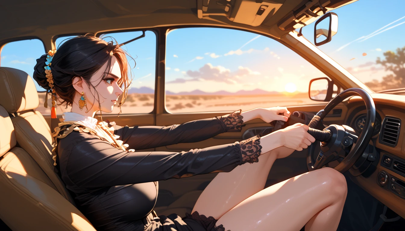 "An anime-style illustration of a woman inside a standard car, viewed from a side angle. She is wearing an all-black outfit, giving off a stylish and confident look, with both hands on the steering wheel. The background shows a desert highway during sunset, with warm orange and red skies stretching over the horizon. The focus is on her determined expression, with the interior illuminated by the golden light."
