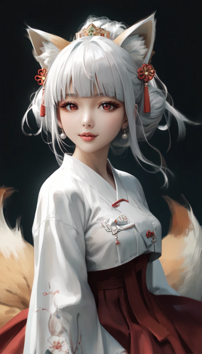 (masterpiece,  best quality :1.2), 1 woman,  alone, Gumiho, 여자 Gumiho,  Korean girl, Fox ears, fox tail, Hanbok,  white hair, Joseon dynasty houses, ( huge boobs :1.4),  red eyes