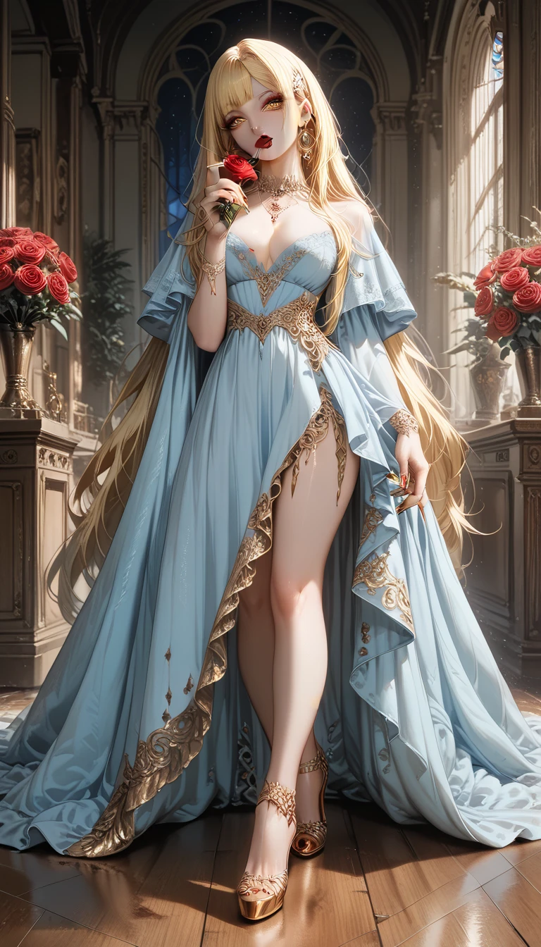 (masterpiece, best quality, highly detailed:1.2), intricate, spotlight, cinematic lighting, cinematic bloom, professional photography, 1girl, standing (straight-on:1.2), absurdly long hair, very long hair, hazel hair, detailed eyes, divine goddess, huge breasts, breasts out, gorgeous female, The Regal Ruffles: A regal-inspired dress with cascading layers of ruffles, embellished with metallic accents and a jeweled crown, lace-trimmed legwear, thighhighs, pearl necklace, jewelry, shiny, glint, diamonds, looking at viewer, serious, formal, epic, grand curtains, indoors, detailed background, beautiful and detailed artwork, <lora:add_detail:0.6> <lora:MasterpiaceSTYLEv3:0.5>