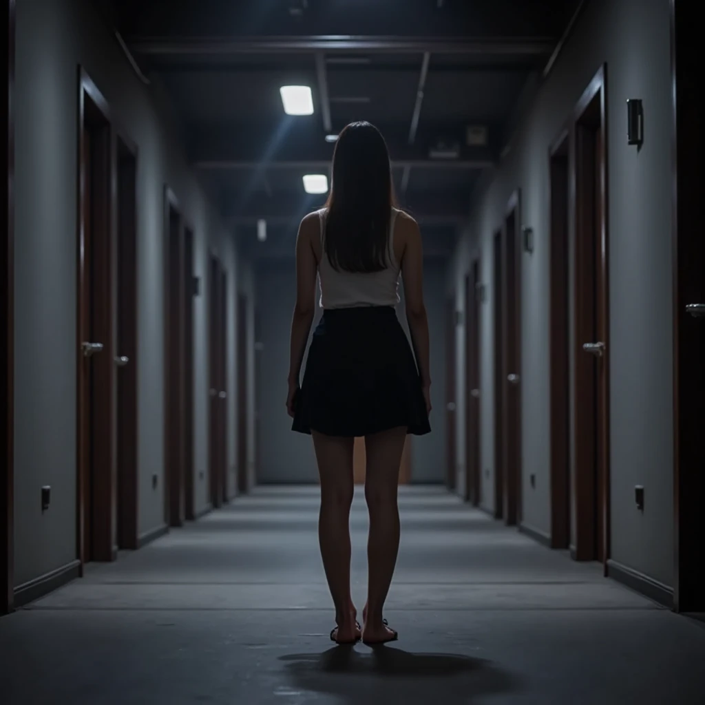 Highest quality, Masterpiece, ultra high definition, (realistic: 1.4), raw image, 1 woman,( Endless Corridor, long long corridor, back view, tamao,  dark at the end of corridor, 10 doors in along corridor , light trace to the end of corridor, looking at viewer)