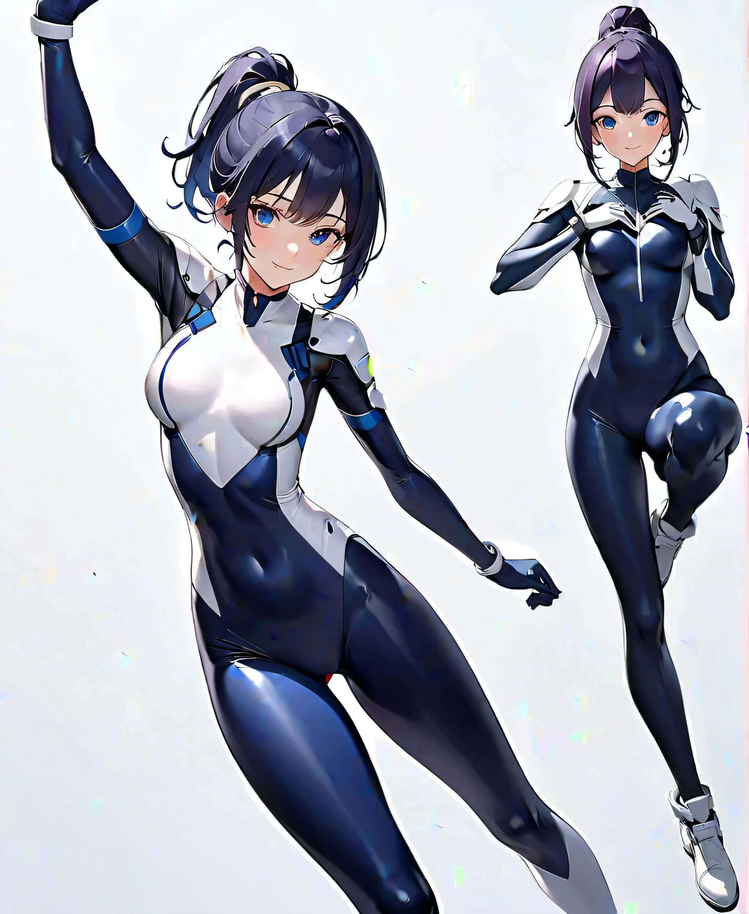 Masterpiece, highest quality, highest resolution, distinct_image): (Solo, face is Japan person, girl with short black hair, full body figure, small breasts, sparkling black color eyes, clothes covering the whole body, tight fit clothes, flight suit in white and blue color, beauty, vivacious, lovely, slim body, official art, beautiful aesthetic, vivacious, simple background, gentle expression, dynamic pose)
