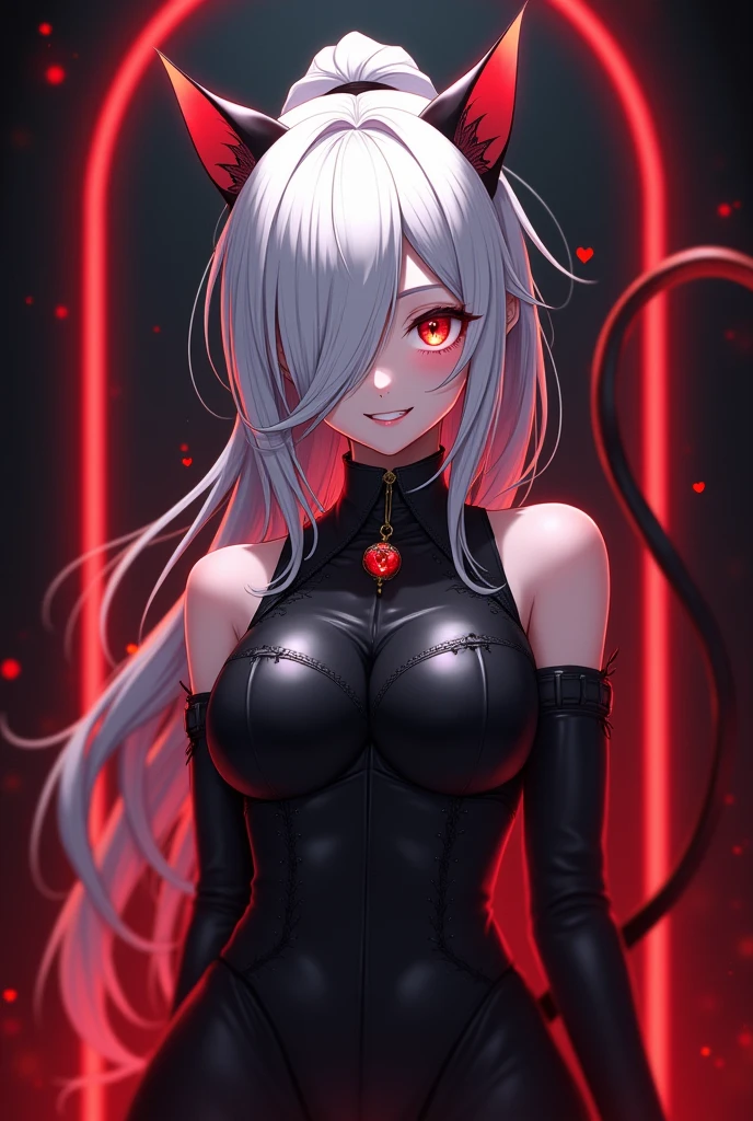 Silver hair, pink eyes, body, cat ears, sexy girl, earring charms, sky background 