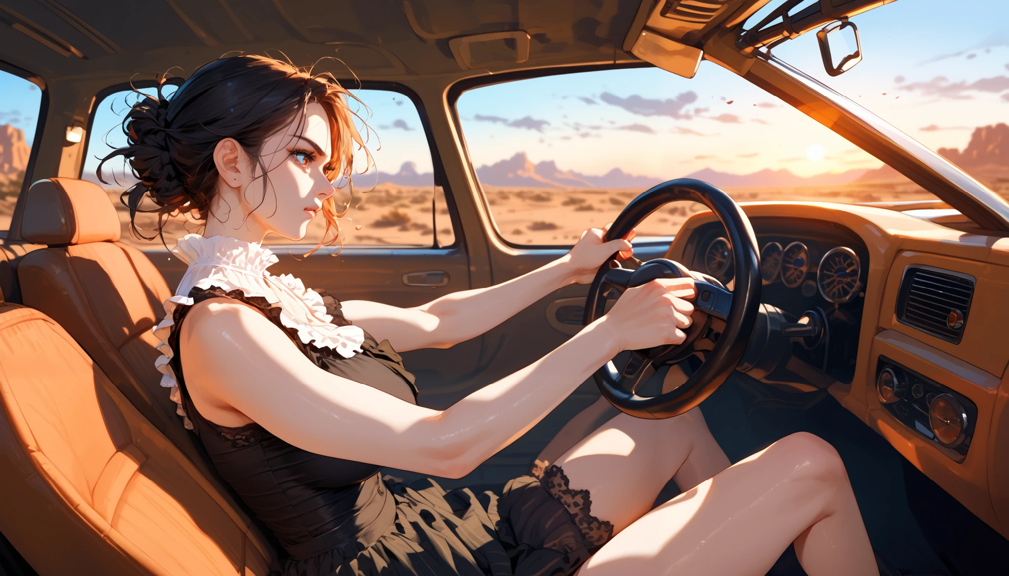 "An anime-style illustration of a woman inside a standard car, viewed from a side angle. She is wearing an all-black outfit, giving off a stylish and confident look, with both hands on the steering wheel. The background shows a desert highway during sunset, with warm orange and red skies stretching over the horizon. The focus is on her determined expression, with the interior illuminated by the golden light."
