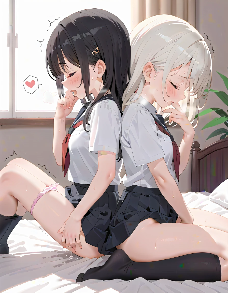 (masterpiece,beautiful,hughres,CG,8k,16k,best quality,high-resolution,detailed fingers,detailed hands,detailed legs,detailed eyes:1.5),anime,source anime,illustration,face focus,(from side:1.6),(2girls:1.5),(evening,indoor,one&#39;s home,bedroom:1.5),(sunset:1.3),shadow,(on the bed:1.4),(head down:1.2),(girl on the left(white hair):1.4),(girl on the right(black hair):1.5),( thighs:1.4),(school uniform,white shirt,pleated skirt,black skirt,black thighhighs:1.3),(panties pull,panty pull:1.3),small breasts,sitting,(My legs,knees to chest,folded,knees together feet apart:1.4),leg up,(profile:1.2),(back-to-back:1.5),hand over own mouth, covering own mouth,(female masturbation:1.4),( fingering:1.2),(female orgasm, female  :1.4),(pussy juice:1.2),(trembling:1.4),(gasping,heavy breathing,blush:1.5),(impatience1.1),flustered,(fidgeting around:1.4),(steam:1.2),(sweat skin,sweat:1.4),(streaming tears:1.3),(drooling:1.1),(looking away:0.5),(looking down:1.4),(spoken heart:1.3),(closed eyes:1.6),open mouth