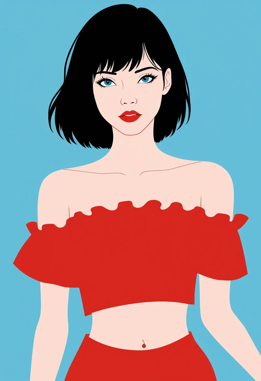 Aesthetically_Pleasant_Pose, 1Woman, Solo, Stencil, close up, A captivating simple Vector art of a black bob hair female wearing a red ruffle off the shoulder top, navel, blue eyes, and a red lip, bare shoulders, blue background. Standing up, it’s a very minimalist simple vector illustration with minimal colors, upper body, looking at viewers