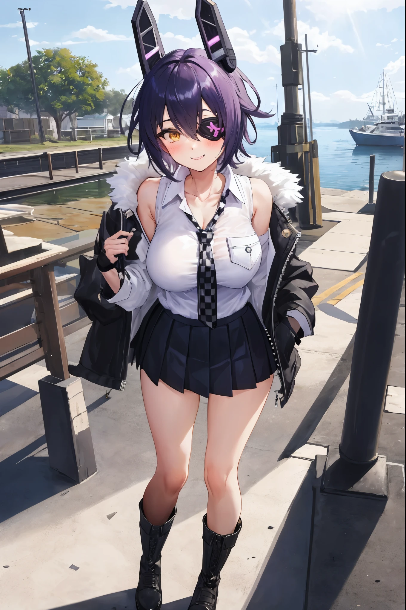 best quality, masterpiece, solo, {tenryuu_kantaicollection:1.}, teirl, eyepatch, short_hair, purple_hair, yellow_eyes, headgear, breasts, necktie, large_breasts, smile, 1girl, blush, checkered_necktie, hair_over_one_eye, shirt, collared_shirt, white_shirt, jacket, sleeveless, brown_eyes, fur-trimmed_jacket, fur_trim, collarbone, looking_at_viewer, pocket, breast_pocket, ,, messy_hair, black_gloves, gloves, partially_fingerless_gloves,harbor_road_landscape_background,outdoor,short_skirt,thigh-highs,boots,sunlight,from_below