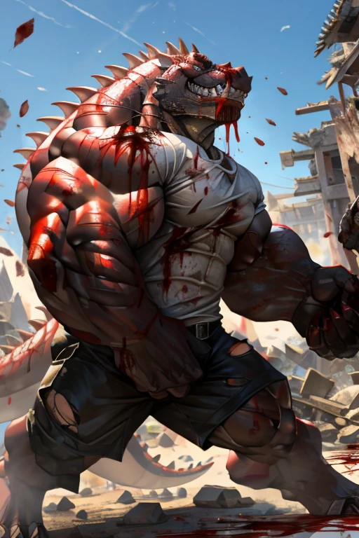 (Gore), Godzilla, defeat, Dying lying on back, stomach cut, Blood gushes out, (Screaming with a pained expression), Wounds all over the body, Face also injured, Blood dripping from the wounds, Vomiting a large amount of blood, (1body)