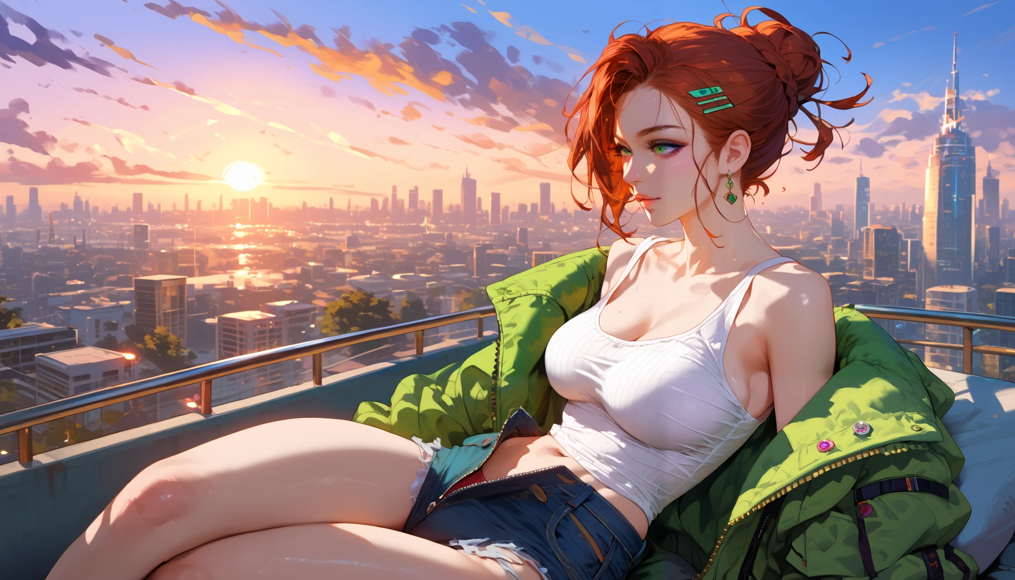 "A woman with auburn hair tied in a messy bun with dark purple streaks works on her laptop at a rooftop lounge during sunset. She wears a white tank top and an olive-green jacket, unzipped casually. The city skyline and vibrant orange-pink sky create a breathtaking, modern aesthetic."
