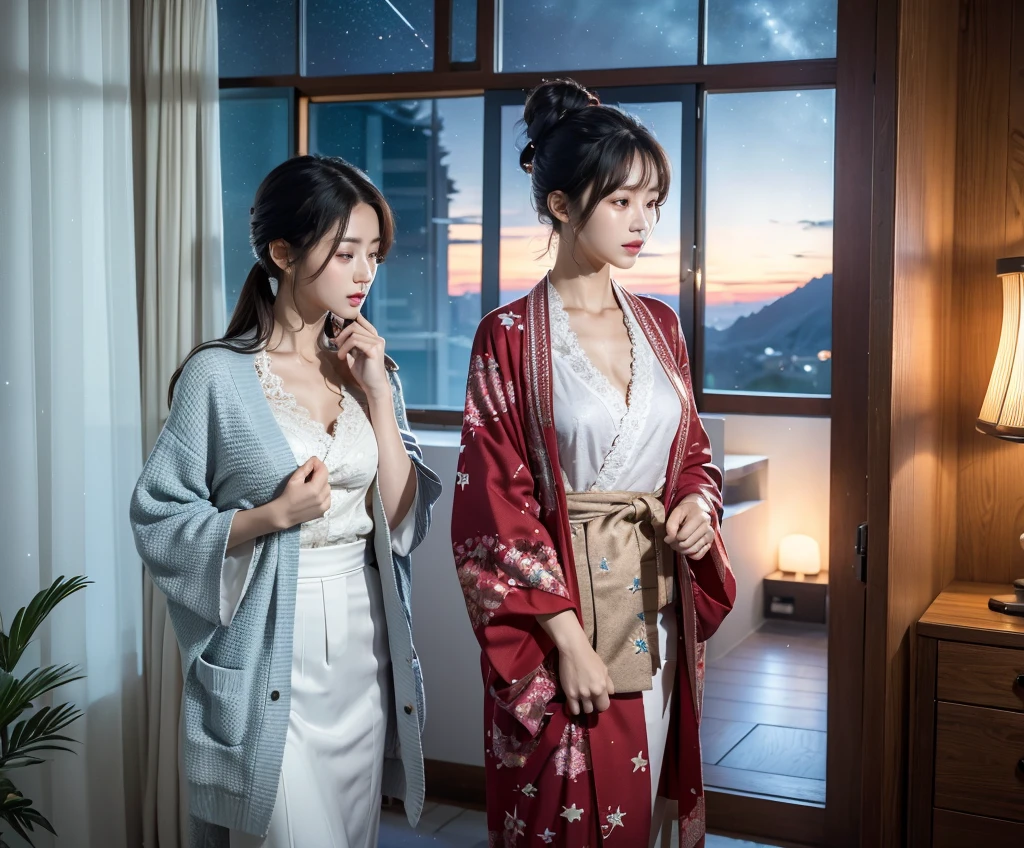 Two Women .(Nightsky.starry).window (8k)  Inside  room. Summer. Kimono cardigan. line-up . Lace-patterned .white. standing. Red. Tie one's hair-up