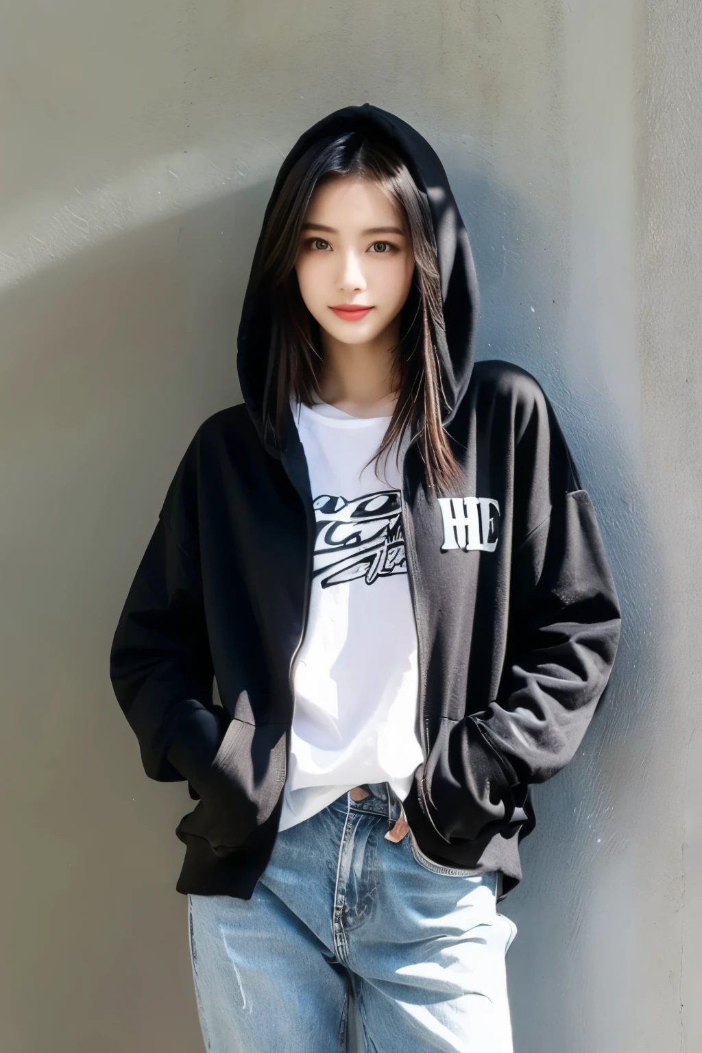 photo-realistic、 Japanese、woman、20th Generation、 cute、young、 black hair、Black hoodieー、Denim pants、whole body、 model、 cool expression、 HD、 Japanese、Black hoodie、realistic