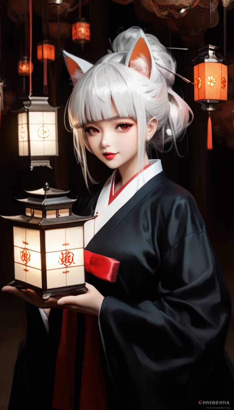 (masterpiece,  best quality :1.2), 1 woman,  alone, Gumiho, 여자 Gumiho,  Korean girl, Fox ears, fox tail, Hanbok,  white hair, Joseon dynasty houses, ( huge boobs :1.4),  red eyes, lantern light