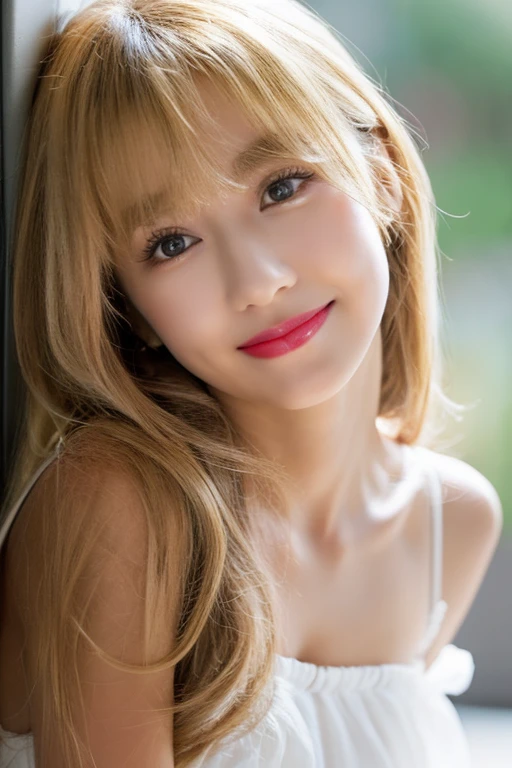 Busty women，Blunt bangs，Thighs，Blonde，Voluminous long hair that reaches down to the waist，Wavy long hair，wavy long hair，“A girl hiding under a table, peeking her face above the table with a mischievous smile. Her hands are gripping the edge of the table. The scene is playful and cheeky