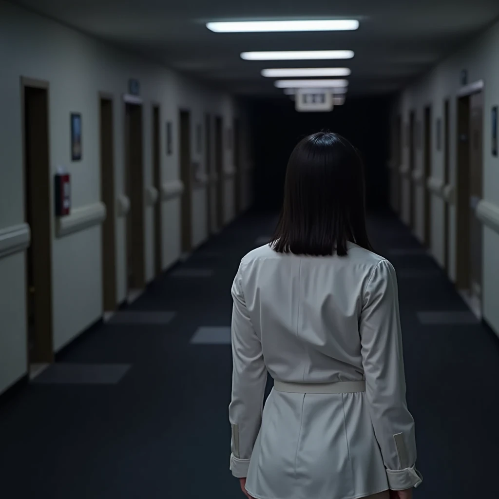 Highest quality, Masterpiece, ultra high definition, (realistic: 1.4), raw image, 1 woman,( Endless Corridor, long long corridor, back view, tamao,  dark at the end of corridor, 50 doors in along corridor , light trace to the end of corridor, looking at viewer)