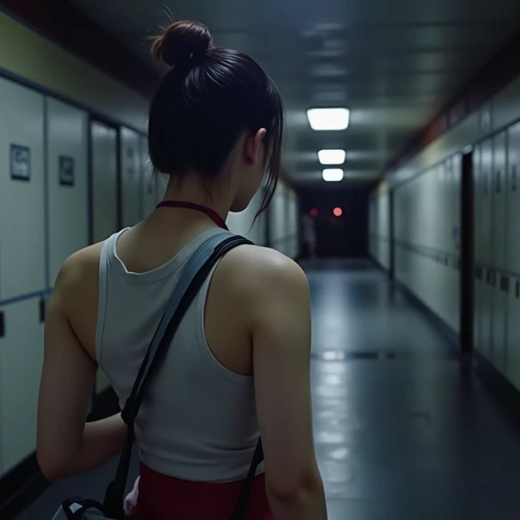 Highest quality, Masterpiece, ultra high definition, (realistic: 1.4), raw image, 1 woman,( Endless Corridor, long long corridor, back view, tamao,  dark at the end of corridor, 50 doors in along corridor , light trace to the end of corridor, looking at viewer)