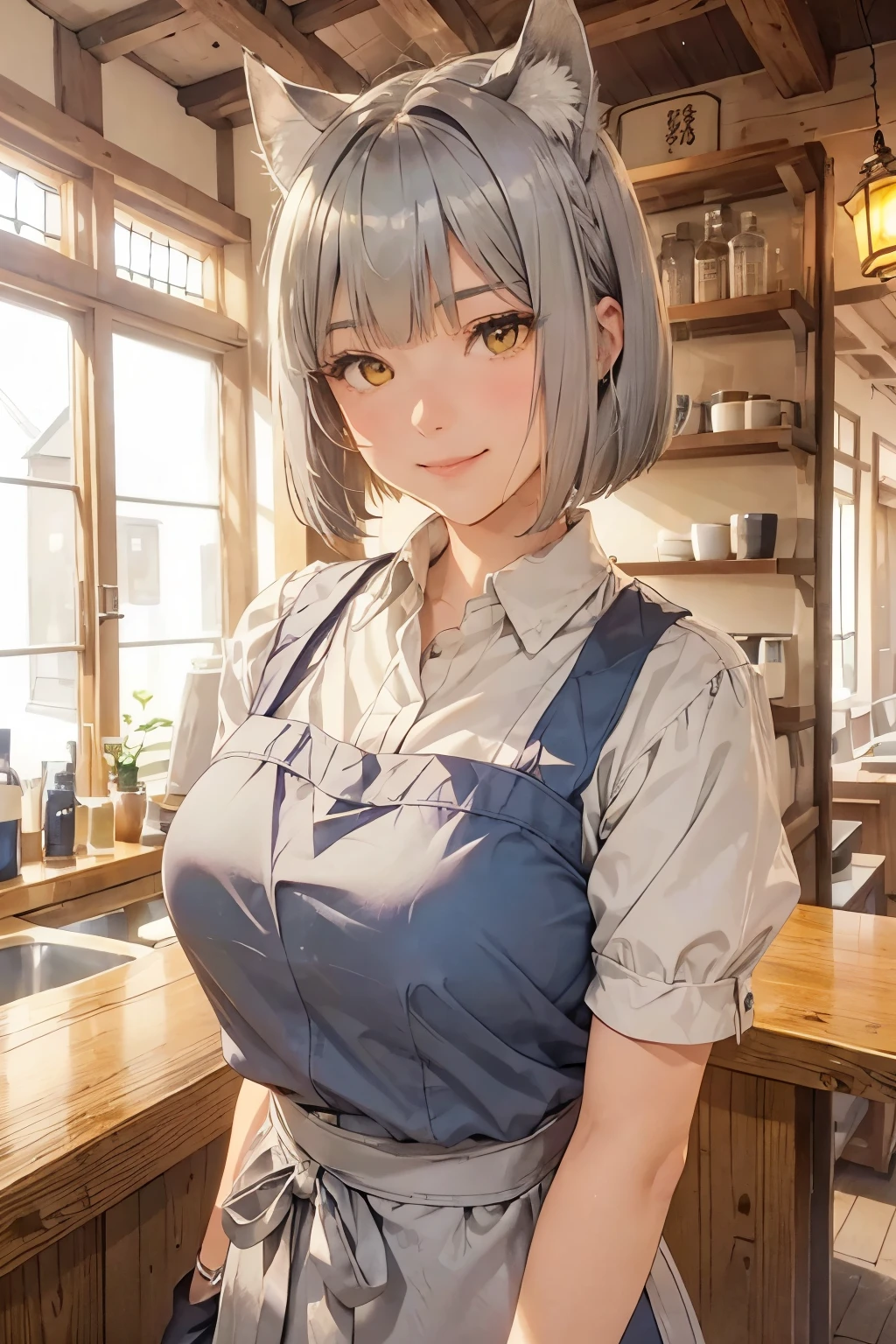 25 year old female solo ( Silver Haired Short Bob,狼の耳が付いている, yellow eyes, big breasts, bright smile). blue shirt, apron, medieval European general store with wolf ears