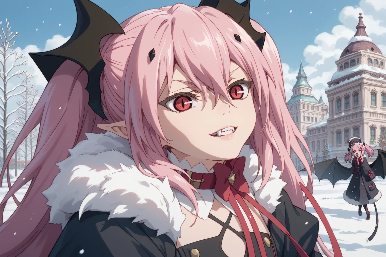 Krul Tepes, Seraph of the End style, Snow, decorated city, winter clothes, pink hair, pointy ears, red eyes, vampire teeth, pointed pupils