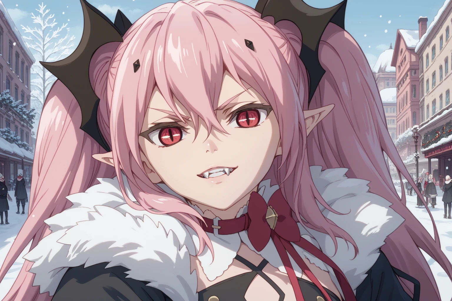 Krul Tepes, Seraph of the End style, Snow, decorated city, winter clothes, pink hair, pointy ears, red eyes, vampire teeth, pointed pupils