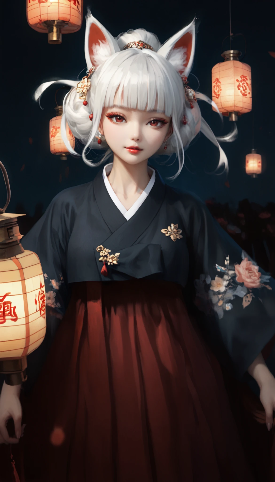 (masterpiece,  best quality :1.2), 1 woman,  alone, Gumiho, 여자 Gumiho,  Korean girl, Fox ears, fox tail, Hanbok,  white hair, Joseon dynasty houses, ( huge boobs :1.4),  red eyes, Lantern 