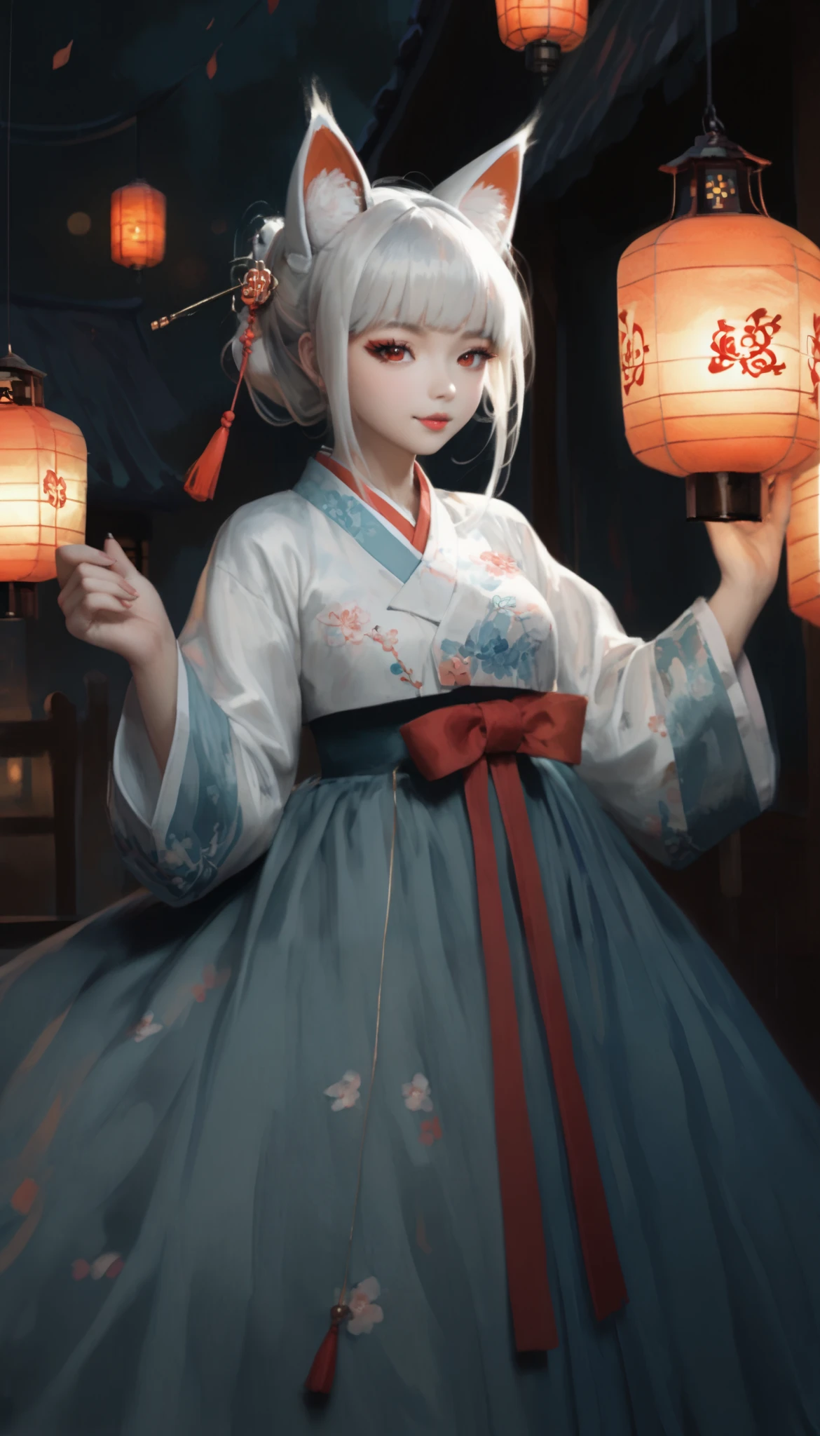 (masterpiece,  best quality :1.2), 1 woman,  alone, Gumiho, 여자 Gumiho,  Korean girl, Fox ears, fox tail, Hanbok,  white hair, Joseon dynasty houses, ( huge boobs :1.4),  red eyes, lantern light