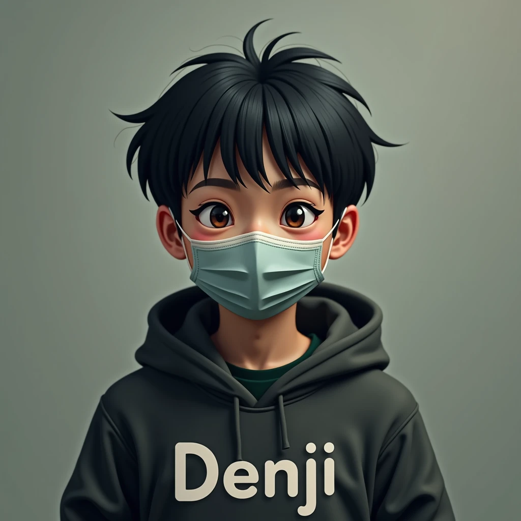 Wearing Mask for 20 years , there will be a boy, and there will be a written text on his clothes, DENJI