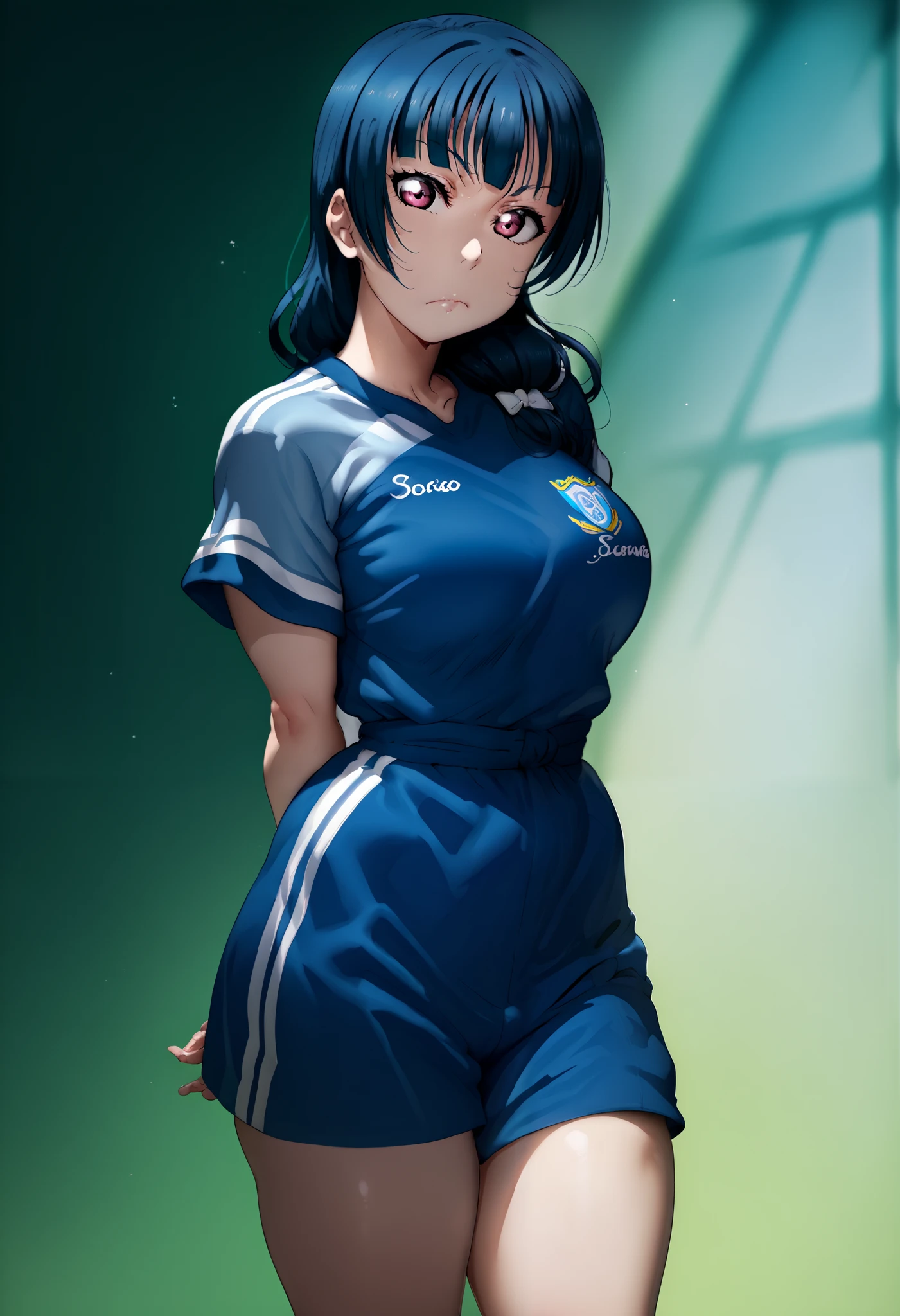 score_9, score_8_up, score_7_up, score_6_up, source_anime, 1girl, Yoshiko Tsushima, navy blue long hairsolo, wearing soccer clothes,large breasts ,short sleeves, thighs, love live , standing , arms behind back,looking at viewer