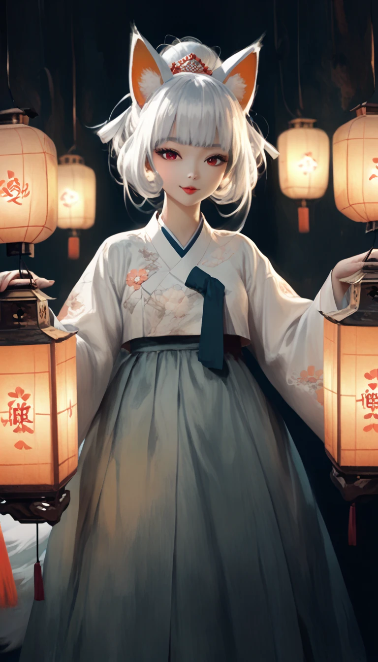 (masterpiece,  best quality :1.2), 1 woman,  alone, Gumiho, 여자 Gumiho,  Korean girl, Fox ears, fox tail, Hanbok,  white hair, Joseon dynasty houses, ( huge boobs :1.4),  red eyes, Lantern 