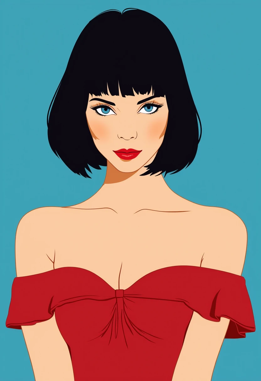 Aesthetically_Pleasant_Pose, 1Woman, Solo, Stencil, close up, A captivating simple Vector art of a black bob hair female wearing a red ruffle off the shoulder top, navel, blue eyes, and a red lip, bare shoulders, blue background. Standing up, it’s a very minimalist simple vector illustration with minimal colors, upper body, looking at viewers, mouth closed