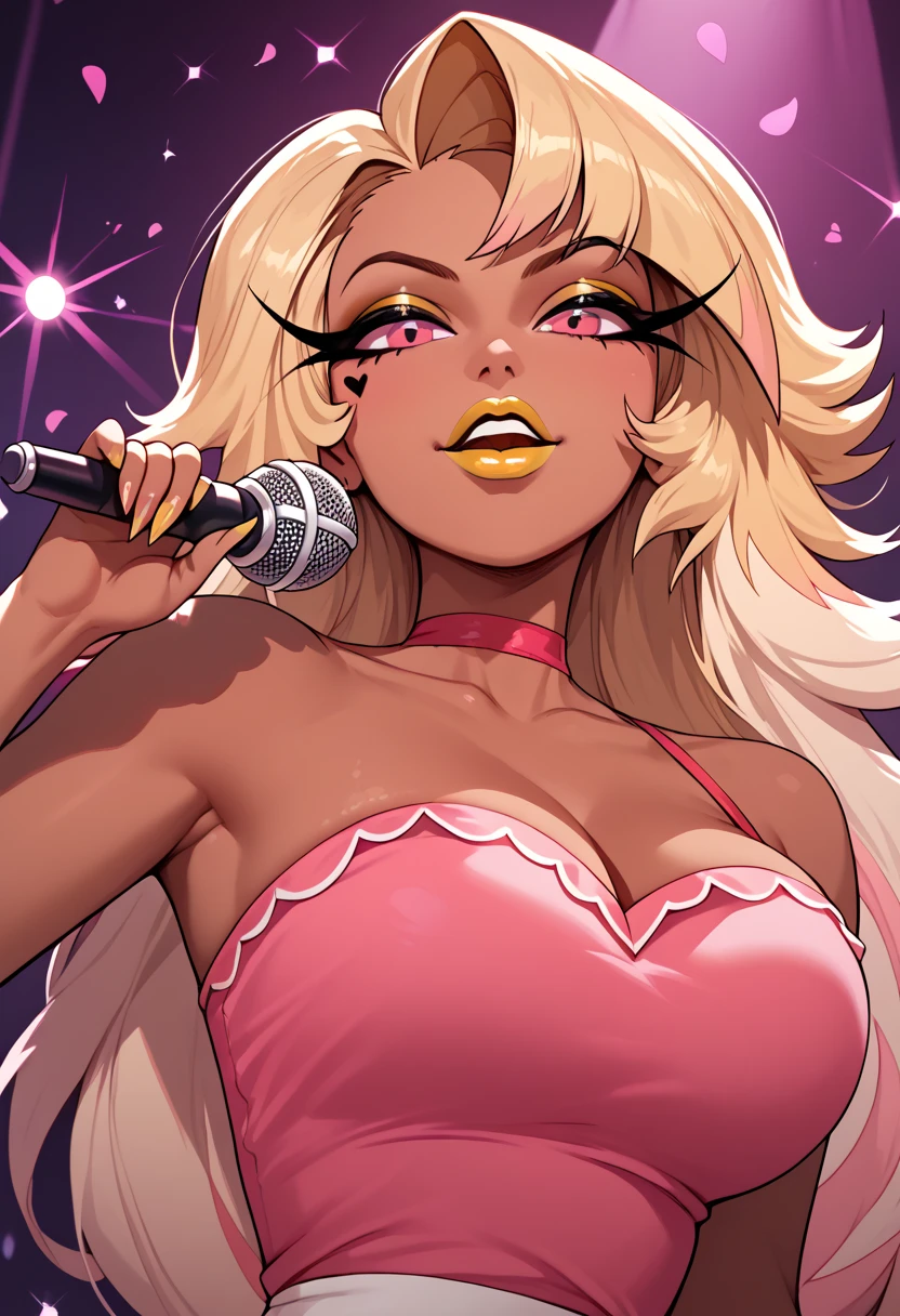 woman, big breasts, yellow lipstick, anime style, blonde hair, tanned skin, pink blouse, pink eyes, show, singer, Verosika, human, Helluva Boss