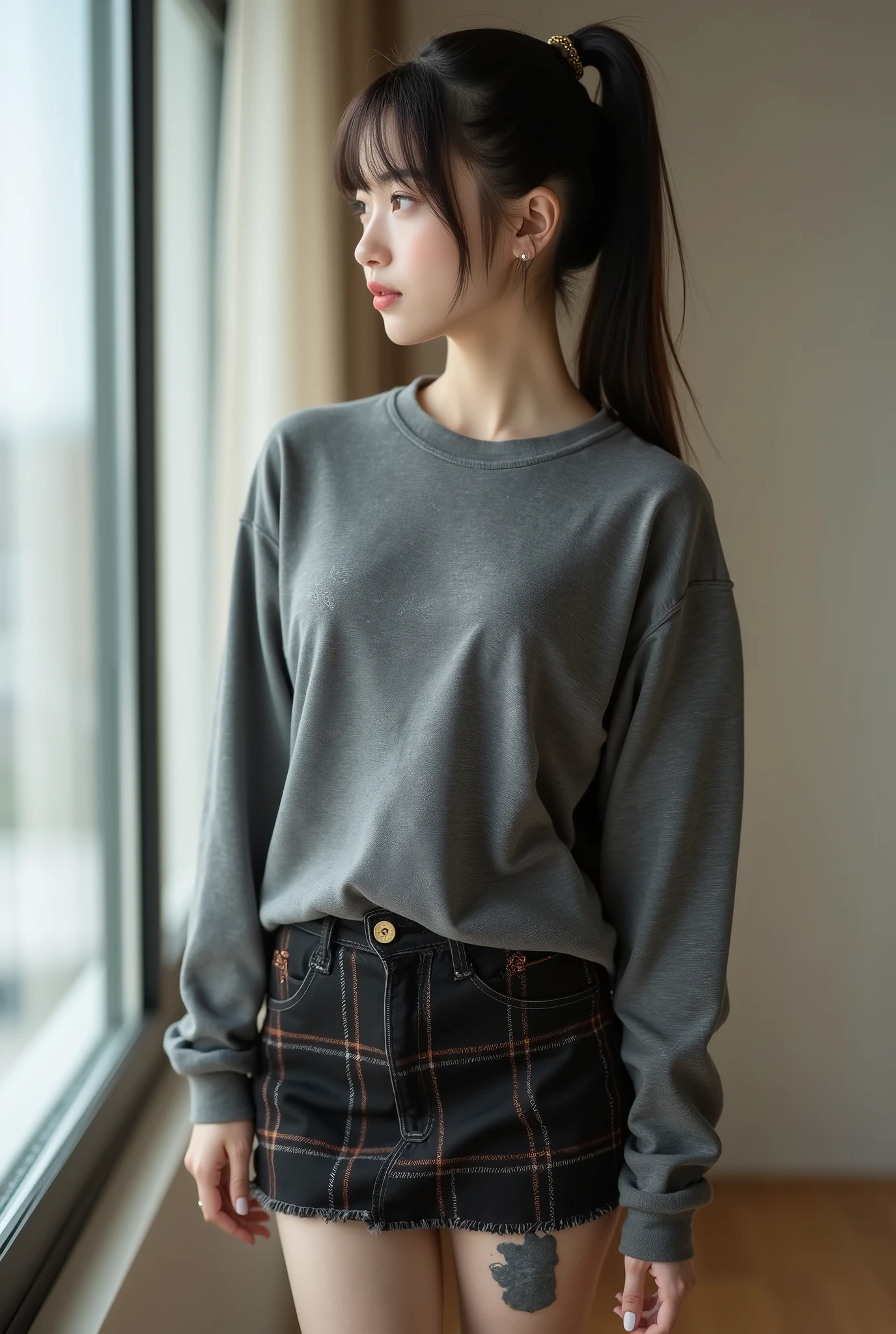portrait,Masterpiece, nsfw,8k
( tidy 1 Girl , slender body, flat chest, Wide pelvis, small butt, thick, curvy thighs from below )
( teenage Japanese girl , 163_Height cm ,pale, pale肌)
black hair, (( Highlight Hair , honey brown streaked hair )), glamorous straight medium ponytail hair , bangs
(, Idol'Face, Round face, Droopy_ hazel eyes,Looks affectionate ),
wearing a long sleeve tight t-shirt 、Sleeves are black 、Body is gray , Black Denim Tartan Check Mini Skirt
85mm , Official AR RAW Photos ,( realistic, ultra detail ), top quality, chromatic aberration anatomically correct , Textured Skin