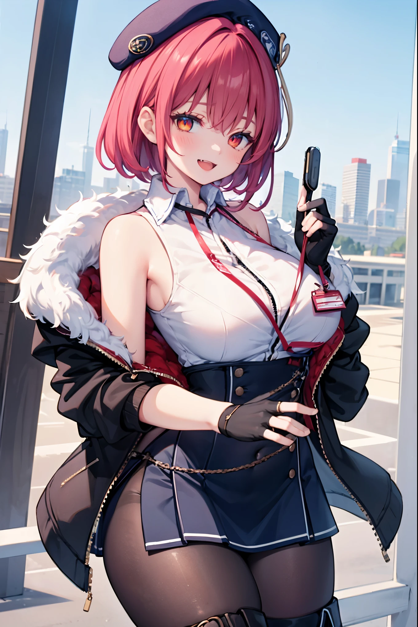((Masterpiece)), (Best Quality), marine_beret, Collared_White_Shirt, Sleeveless, High-waisted Skirt, Pantyhose, Blue Jacket, Fur Embellishment, Fingerless Gloves, ID Card, Solo,marine_officer,, black pantyhose, black gloves, thigh boots, beret,houshou_marine,heterochromia, red eyes, orange eyes,open_mouth,big_smile,evil_smile,fang,large_breasts,,office_landscape,red_short_hair,(plump:0.7),open_mouth,tongue, slouch,,grin,evil,