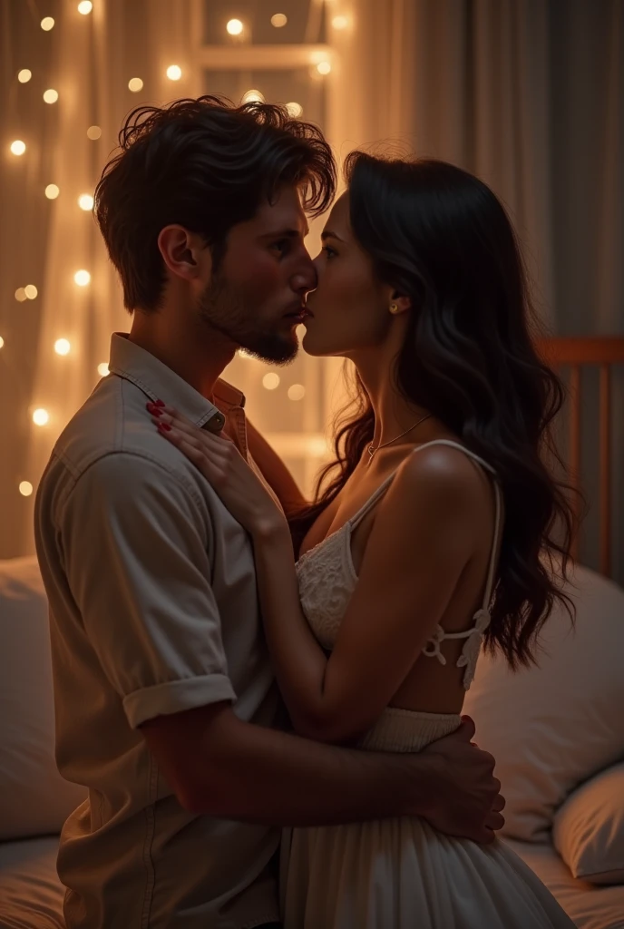 Create a image of a 25 year indian girl with long black silky hair and high ponytail style sitting on thr bed her boyfriend is kissing her neck from back 