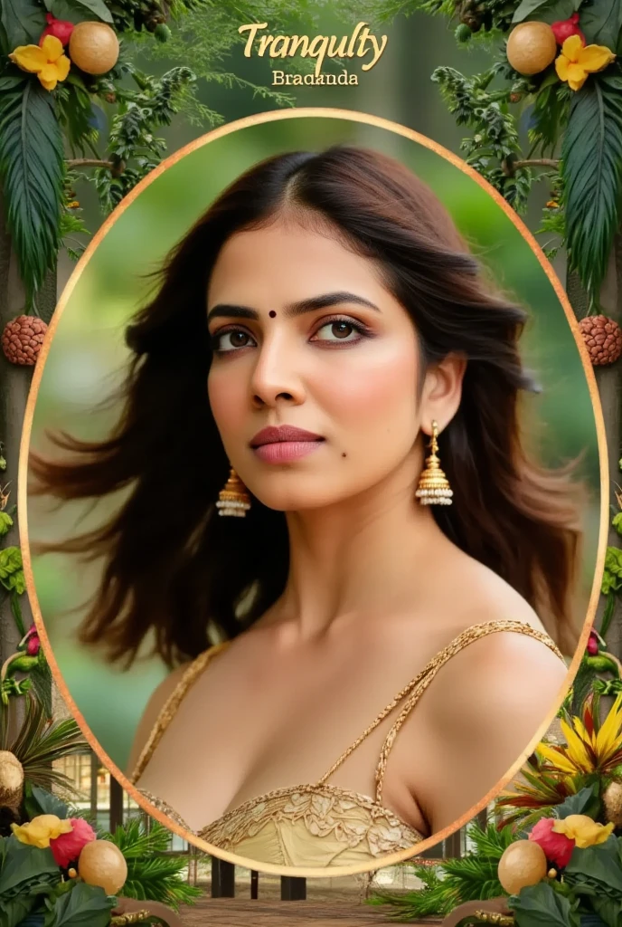 a woman’s upper half, her face softly illuminated by light, framed by a circular, forest-inspired background of lush greens and golden hues. The textured strokes blend her features into the natural tones, with the word 'Tranquility' subtly woven into the flow of the colors. 'AI Indie' signature is placed at the bottom."